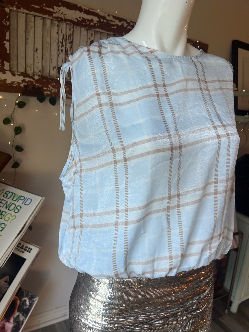 Laundry by Shelli Segal Plaid Ruched Shoulder Blouse L